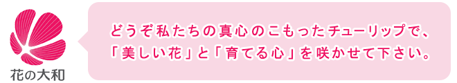 どうぞ私たちの真心のこもったチューリップで、「美しい花」と「育てる心」を咲かせて下さい。